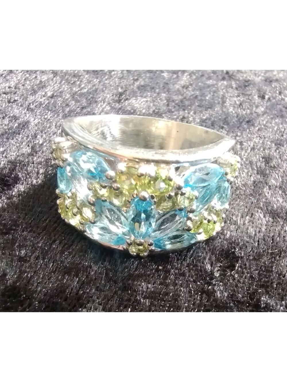 Vintage Ralph Lauren 925 Periodot Blue Topaz Gemstone Flower Cigar Band Ring 9.5